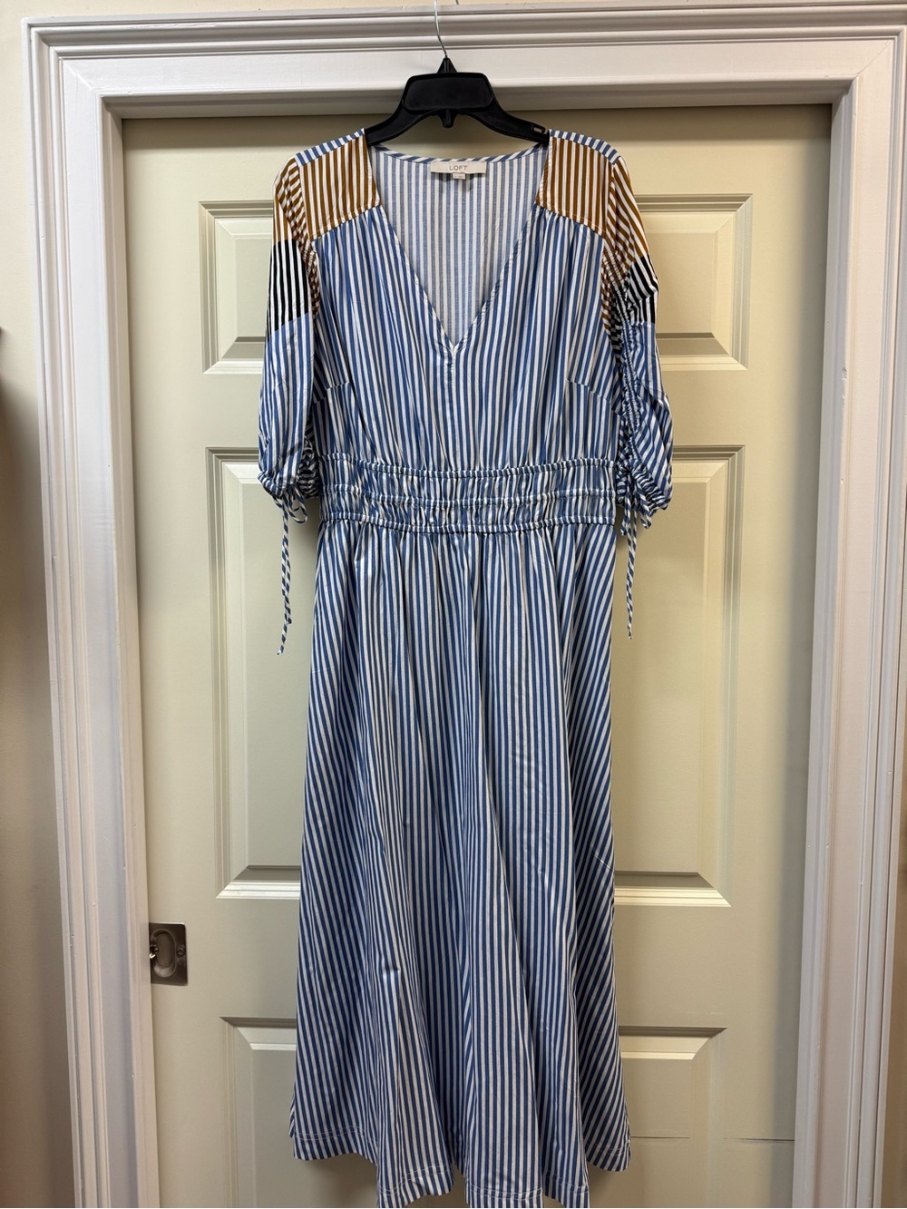 LOFT Blue and White Striped Midi Dress with Tan Shoulder Panels
